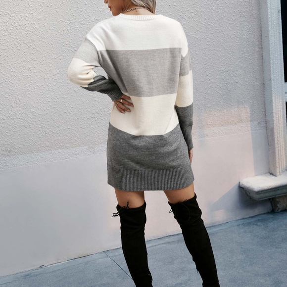 Cozy Grey Color Block Knit Sweater Dress Minimalist - Picture 3 of 4